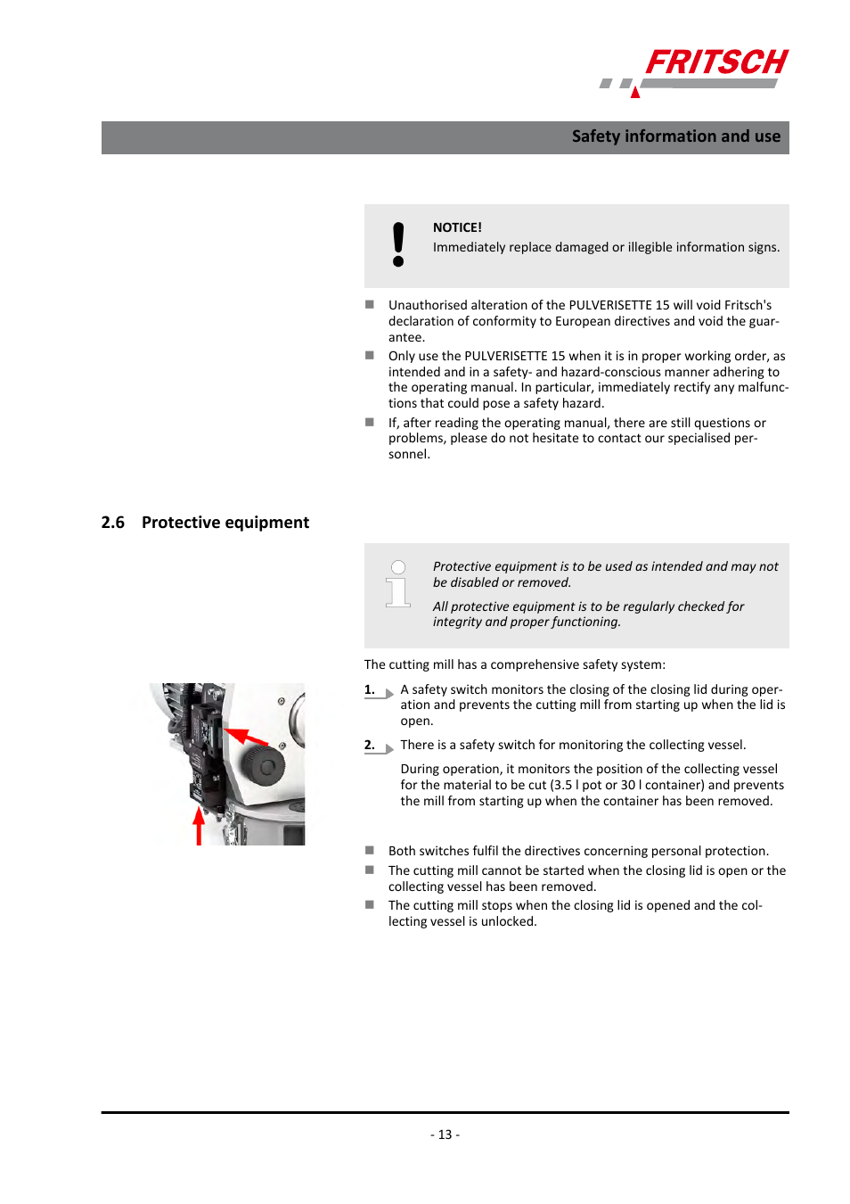 6 protective equipment, Safety information and use | FRITSCH PULVERISETTE 15 User Manual | Page 13 / 44