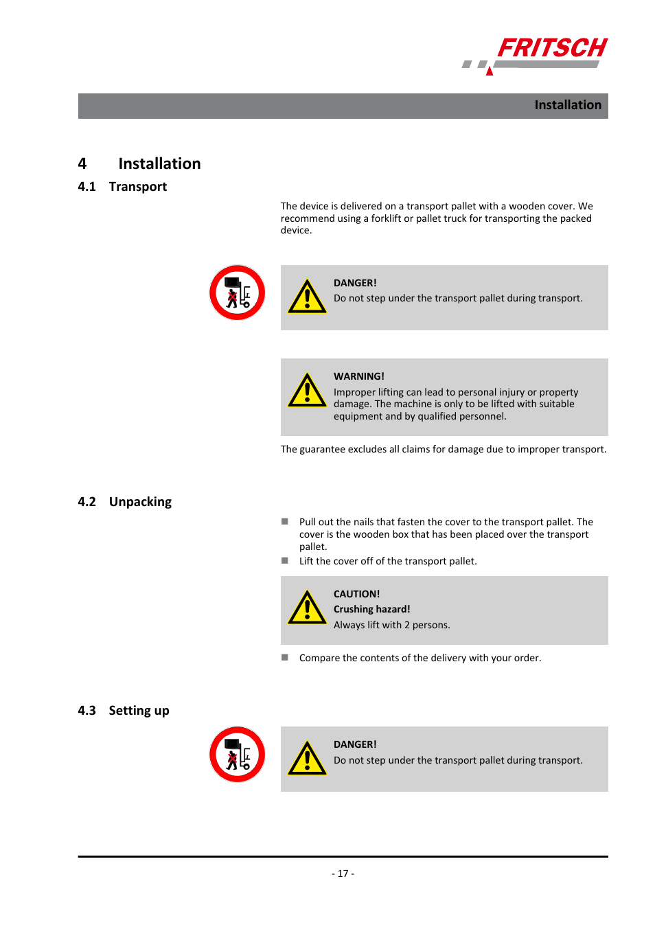 4 installation, 1 transport, 2 unpacking | 3 setting up, 4installation | FRITSCH PULVERISETTE 15 User Manual | Page 17 / 44