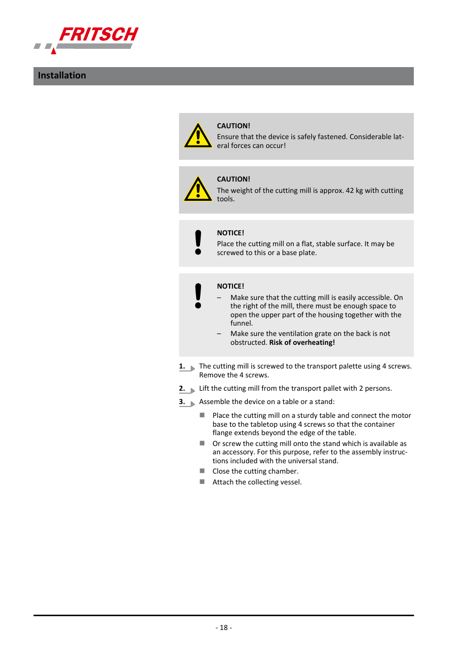 Installation | FRITSCH PULVERISETTE 15 User Manual | Page 18 / 44