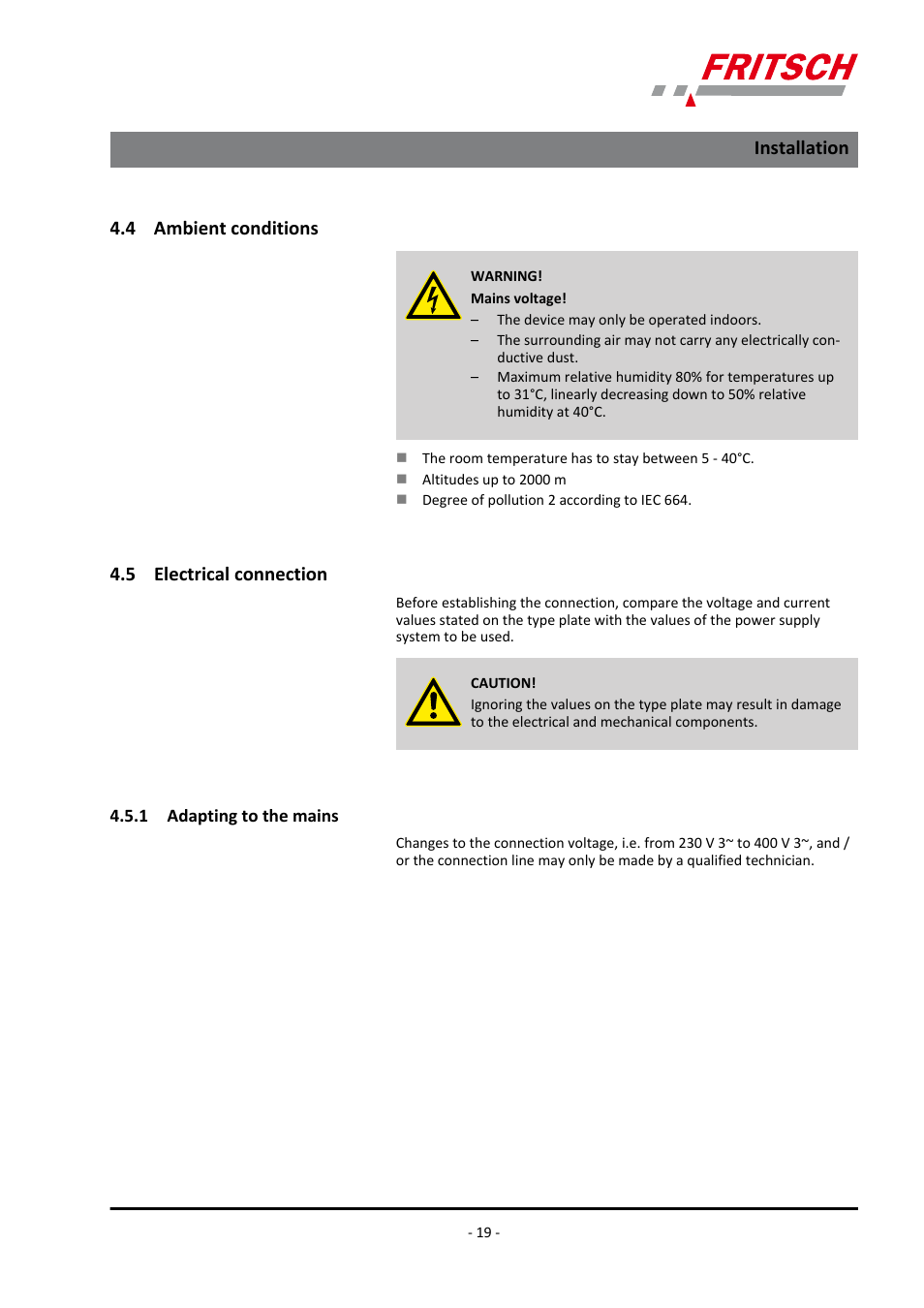 4 ambient conditions, 5 electrical connection, 1 adapting to the mains | Installation | FRITSCH PULVERISETTE 15 User Manual | Page 19 / 44