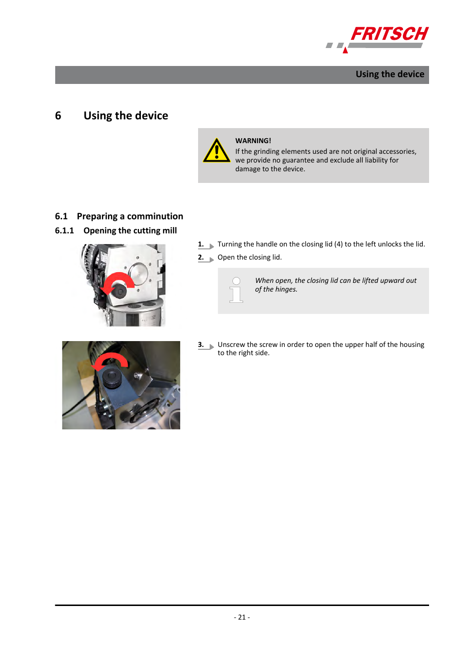 6 using the device, 1 preparing a comminution, 1 opening the cutting mill | 6using the device | FRITSCH PULVERISETTE 15 User Manual | Page 21 / 44