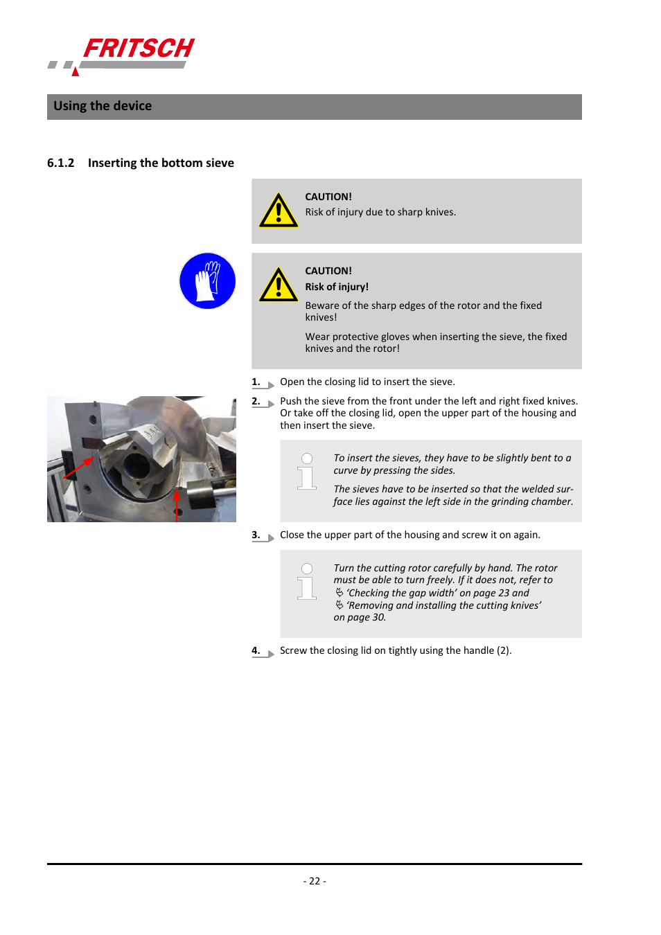 2 inserting the bottom sieve, Using the device | FRITSCH PULVERISETTE 15 User Manual | Page 22 / 44