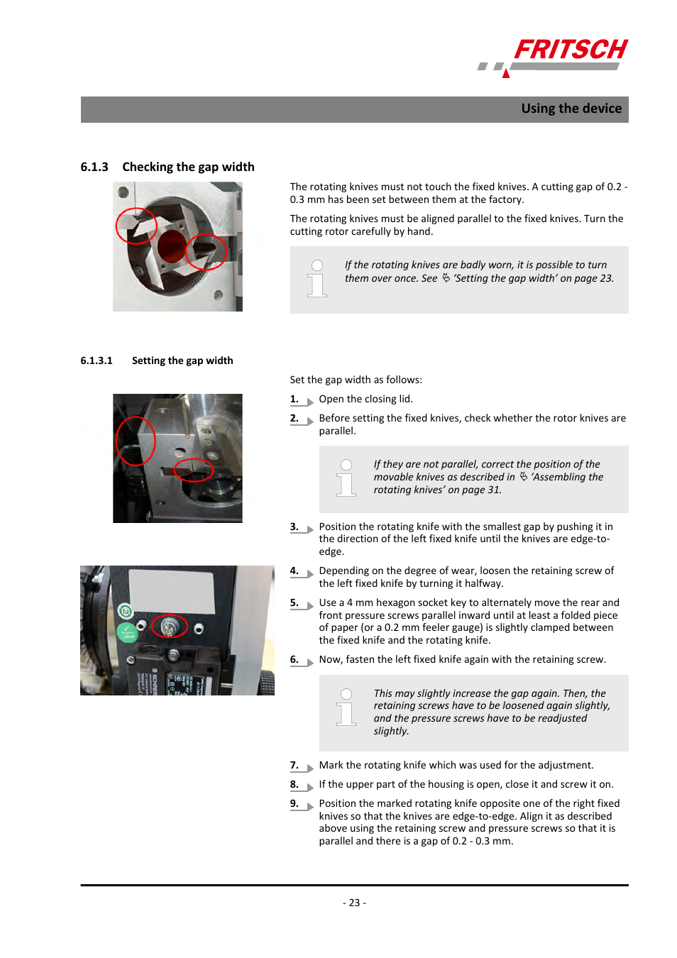 3 checking the gap width, 1 setting the gap width, Using the device | FRITSCH PULVERISETTE 15 User Manual | Page 23 / 44