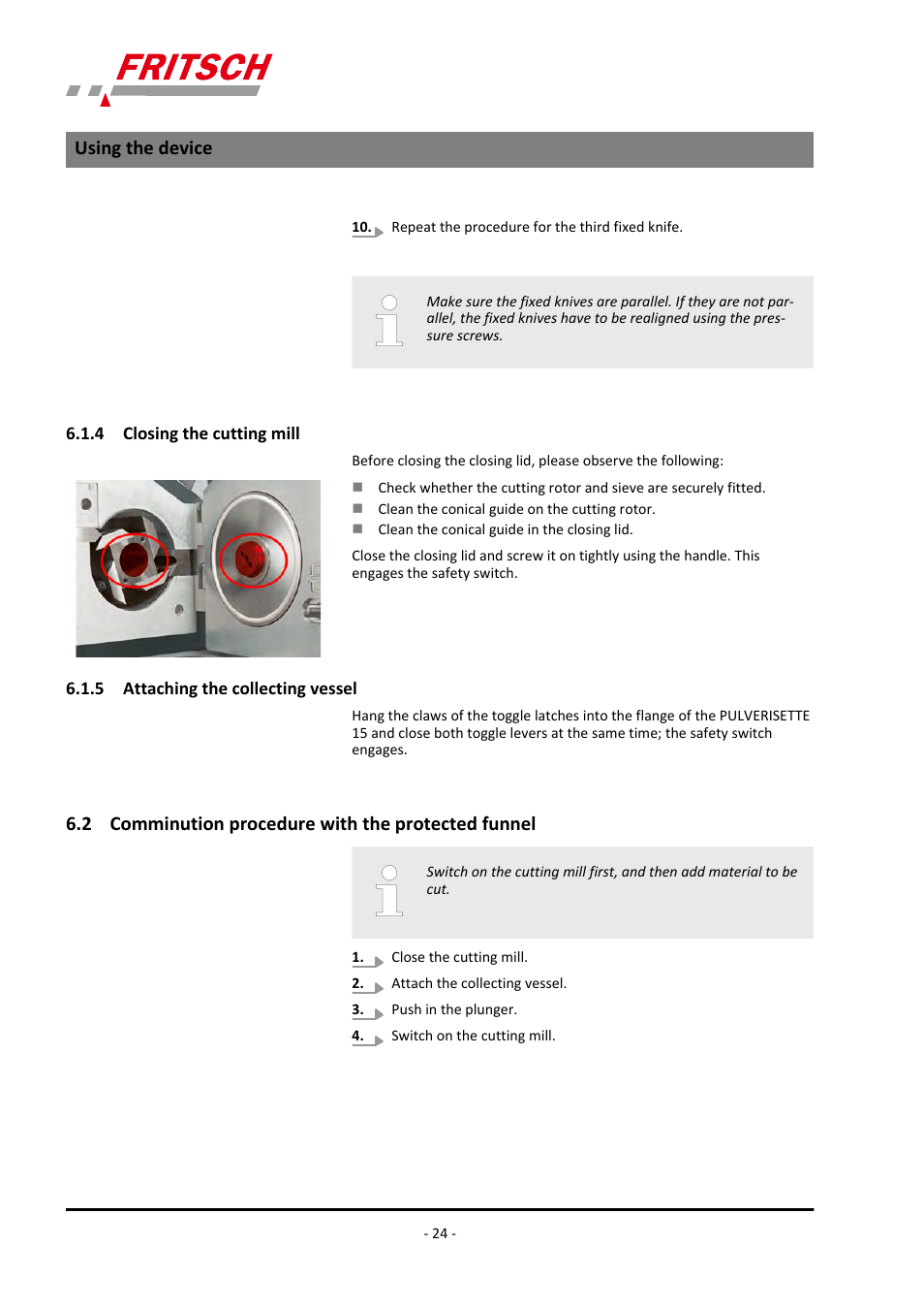 4 closing the cutting mill, 5 attaching the collecting vessel, 2 comminution procedure with the protected funnel | Using the device | FRITSCH PULVERISETTE 15 User Manual | Page 24 / 44