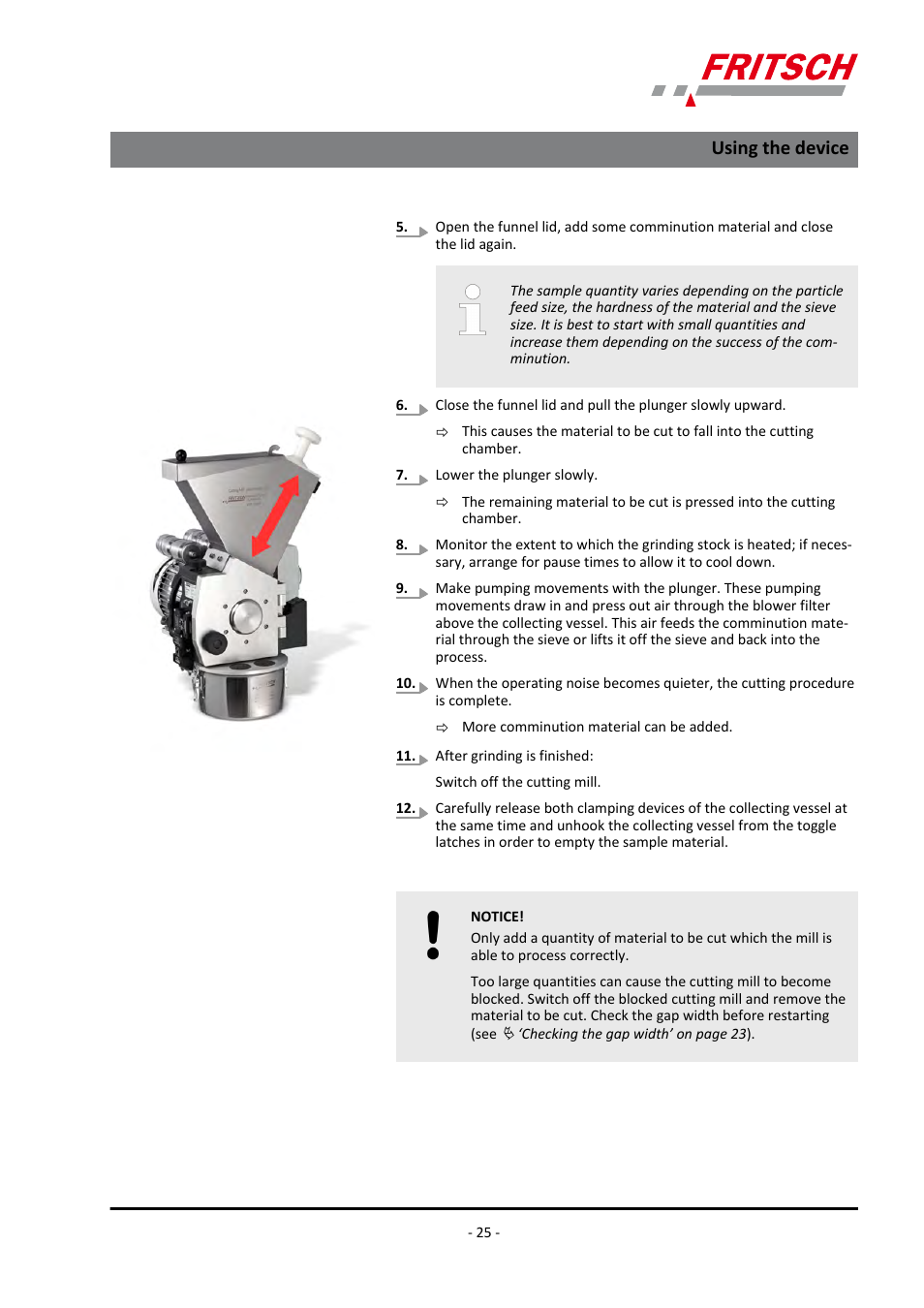 Using the device | FRITSCH PULVERISETTE 15 User Manual | Page 25 / 44