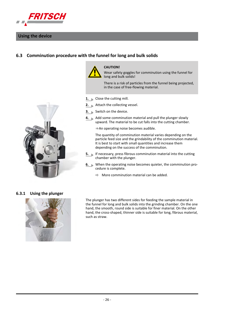 1 using the plunger, Solids, Using the device | FRITSCH PULVERISETTE 15 User Manual | Page 26 / 44