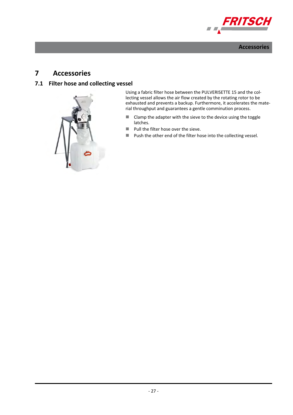 7 accessories, 1 filter hose and collecting vessel, Accessories 7.1 filter hose and collecting vessel | 7accessories | FRITSCH PULVERISETTE 15 User Manual | Page 27 / 44