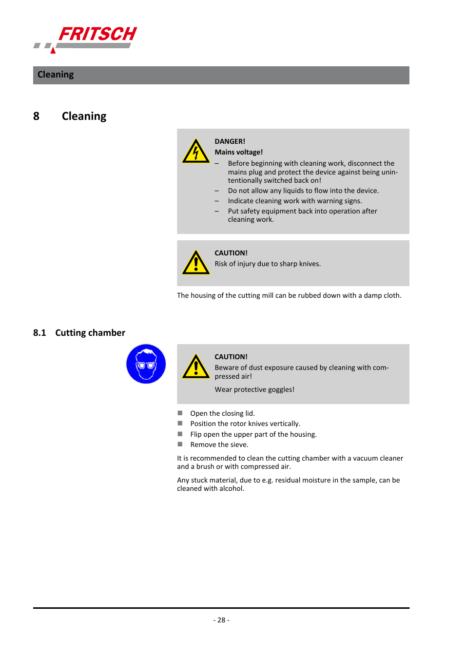 8 cleaning, 1 cutting chamber, Cleaning 8.1 cutting chamber | 8cleaning | FRITSCH PULVERISETTE 15 User Manual | Page 28 / 44