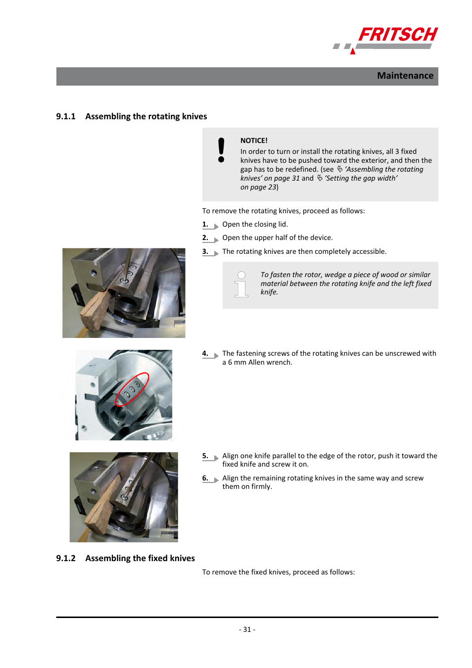 1 assembling the rotating knives, 2 assembling the fixed knives, Maintenance | FRITSCH PULVERISETTE 15 User Manual | Page 31 / 44