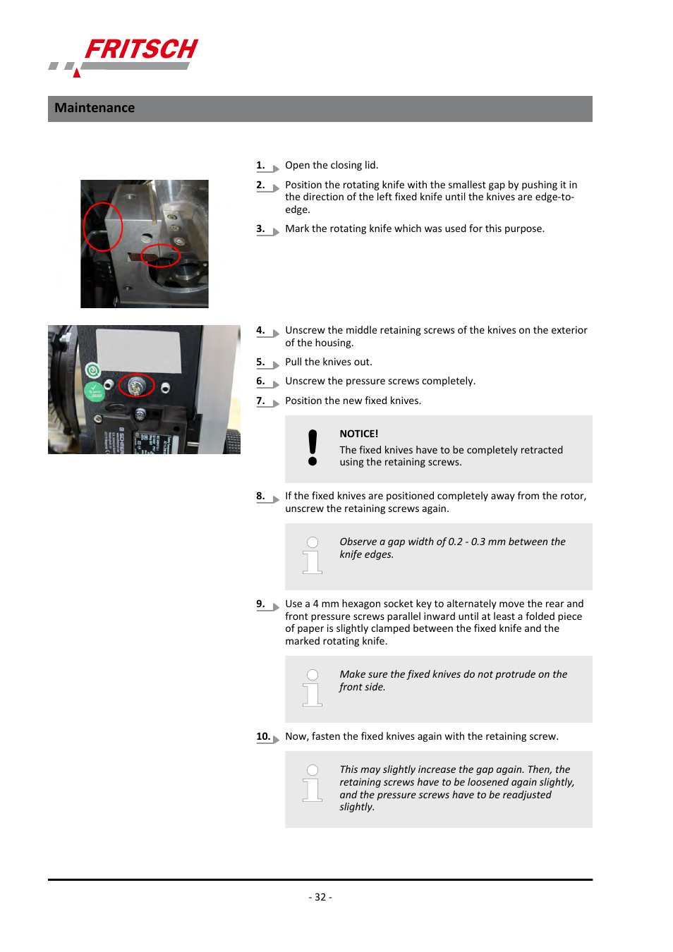 Maintenance | FRITSCH PULVERISETTE 15 User Manual | Page 32 / 44