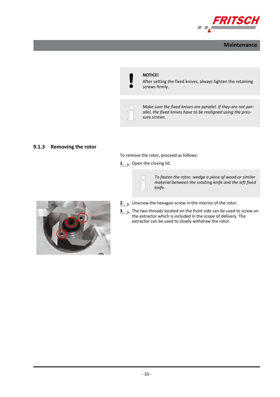 3 removing the rotor, Maintenance | FRITSCH PULVERISETTE 15 User Manual | Page 33 / 44