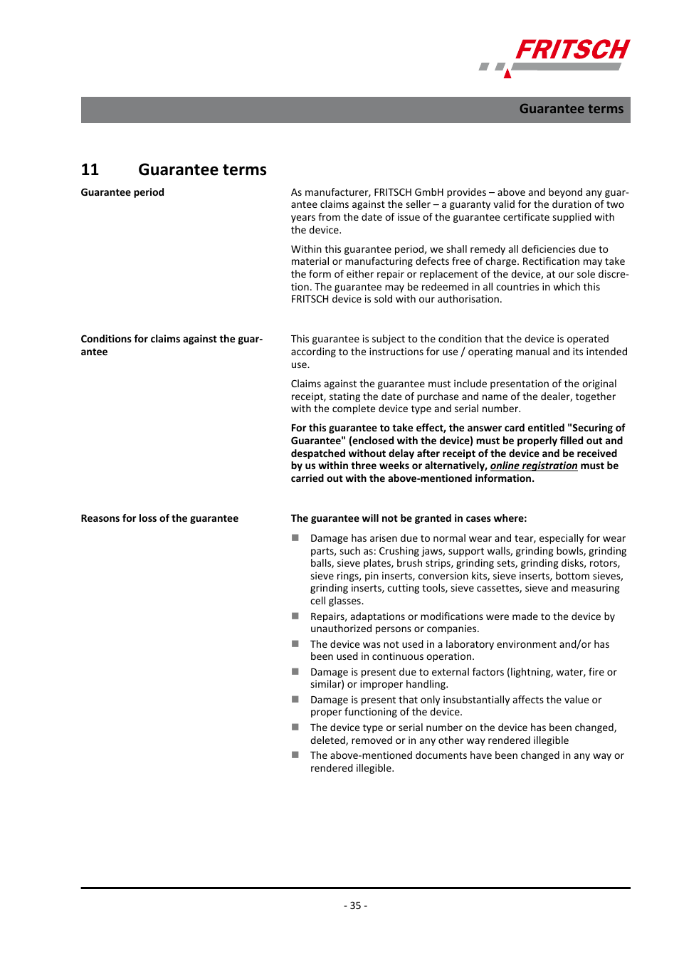 11 guarantee terms, Guarantee terms | FRITSCH PULVERISETTE 15 User Manual | Page 35 / 44