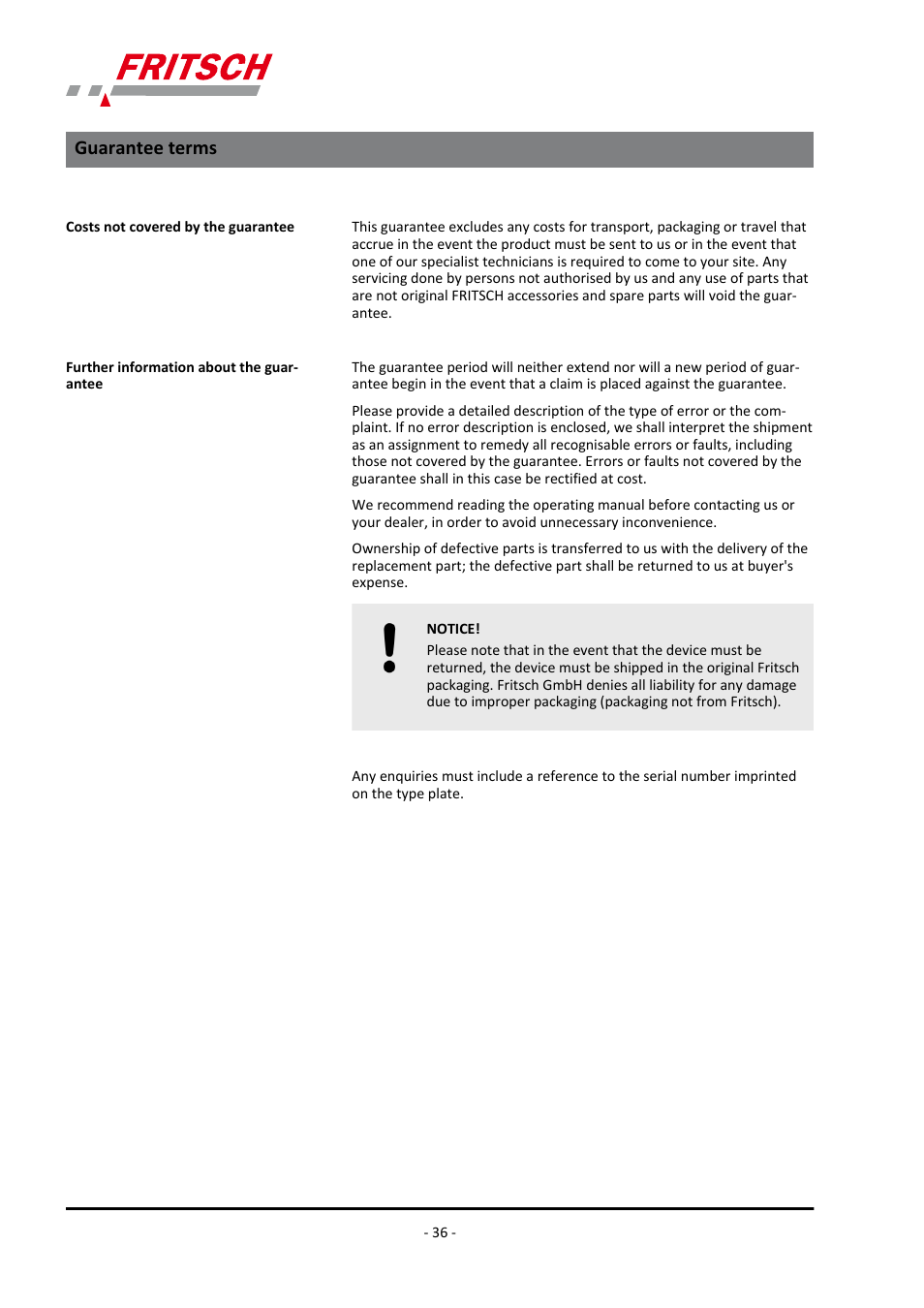 Guarantee terms | FRITSCH PULVERISETTE 15 User Manual | Page 36 / 44