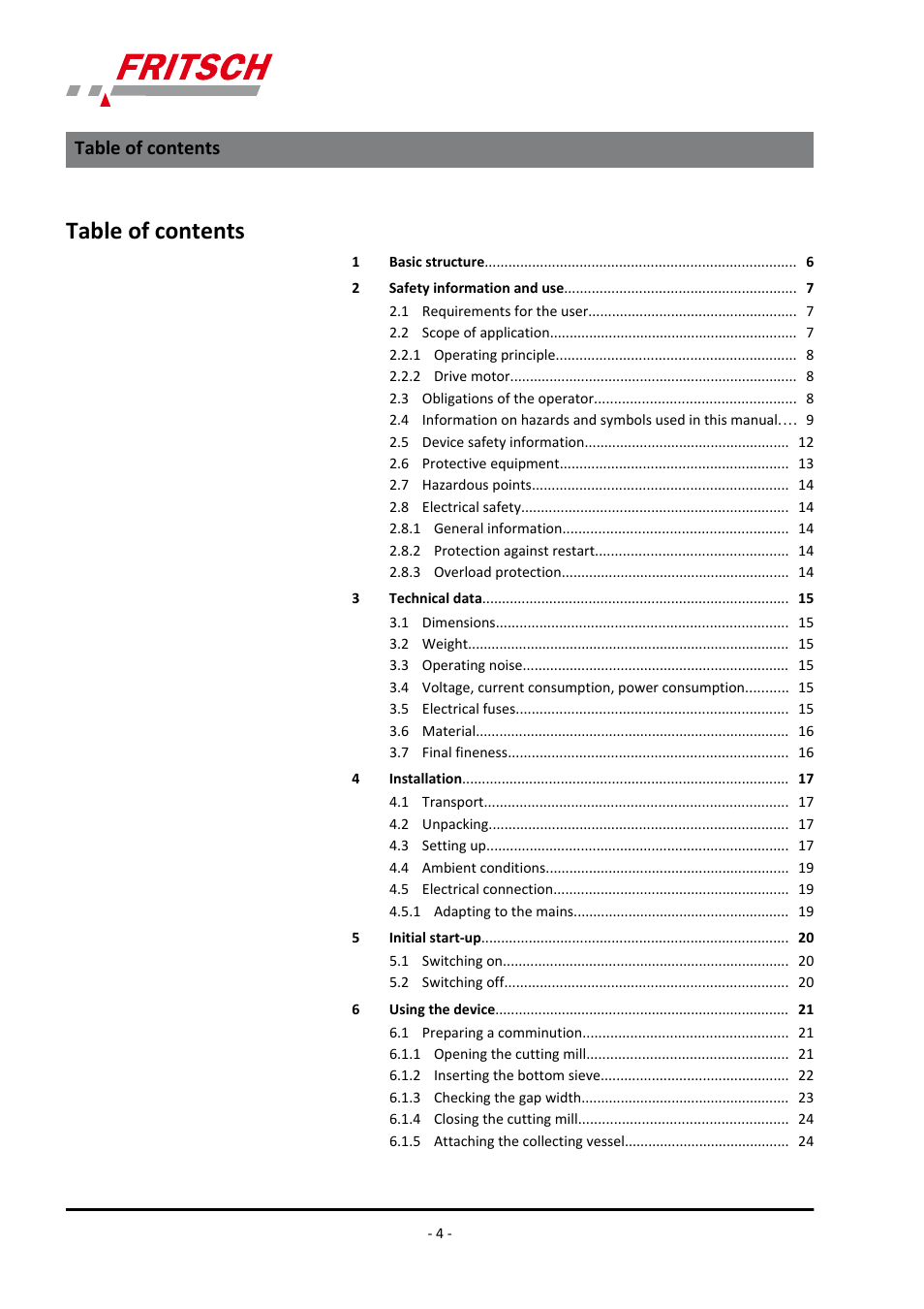 FRITSCH PULVERISETTE 15 User Manual | Page 4 / 44