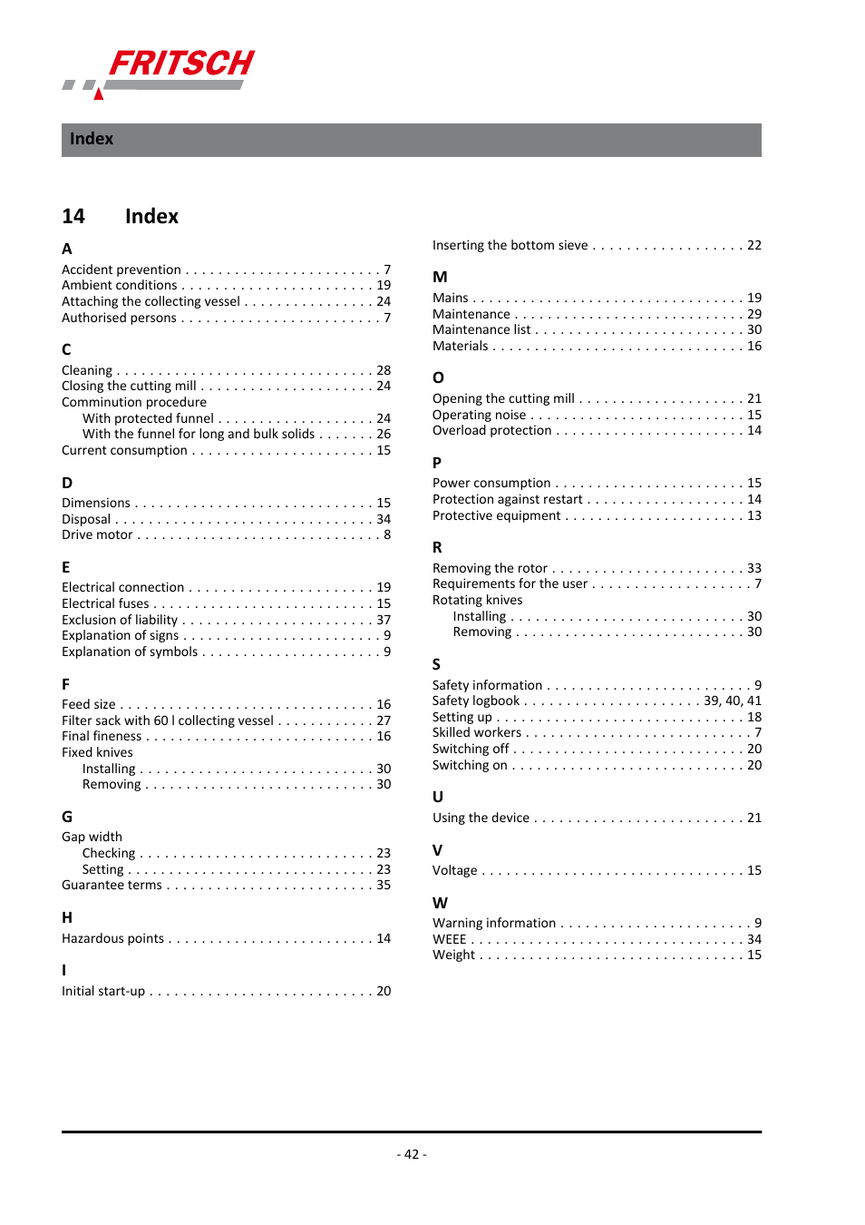 14 index, Index | FRITSCH PULVERISETTE 15 User Manual | Page 42 / 44