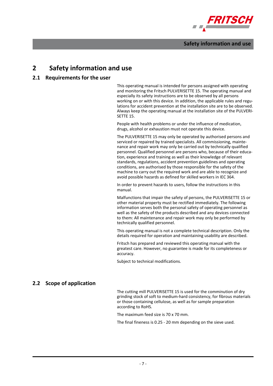 2 safety information and use, 1 requirements for the user, 2 scope of application | 2safety information and use | FRITSCH PULVERISETTE 15 User Manual | Page 7 / 44