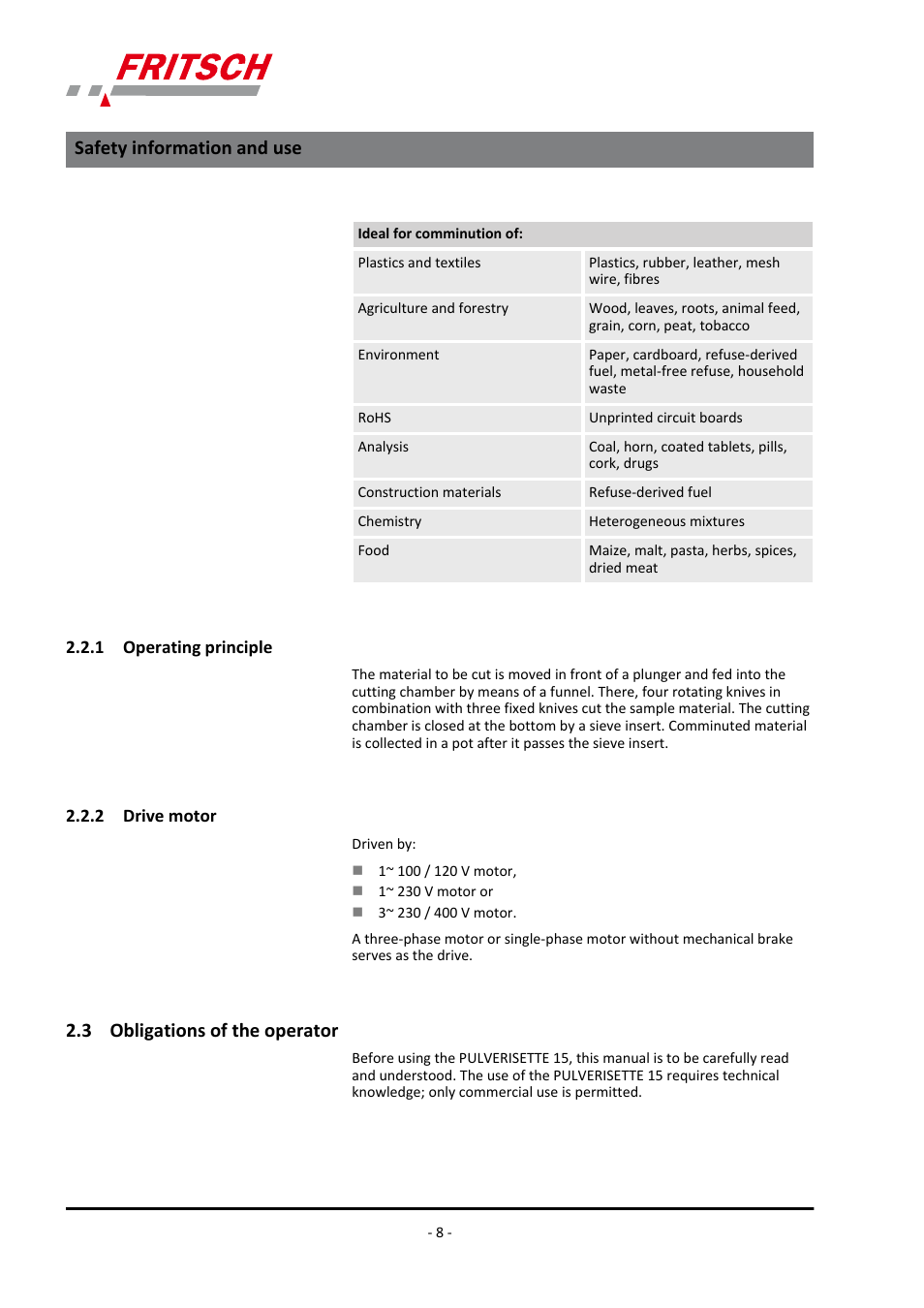 1 operating principle, 2 drive motor, 3 obligations of the operator | Safety information and use | FRITSCH PULVERISETTE 15 User Manual | Page 8 / 44