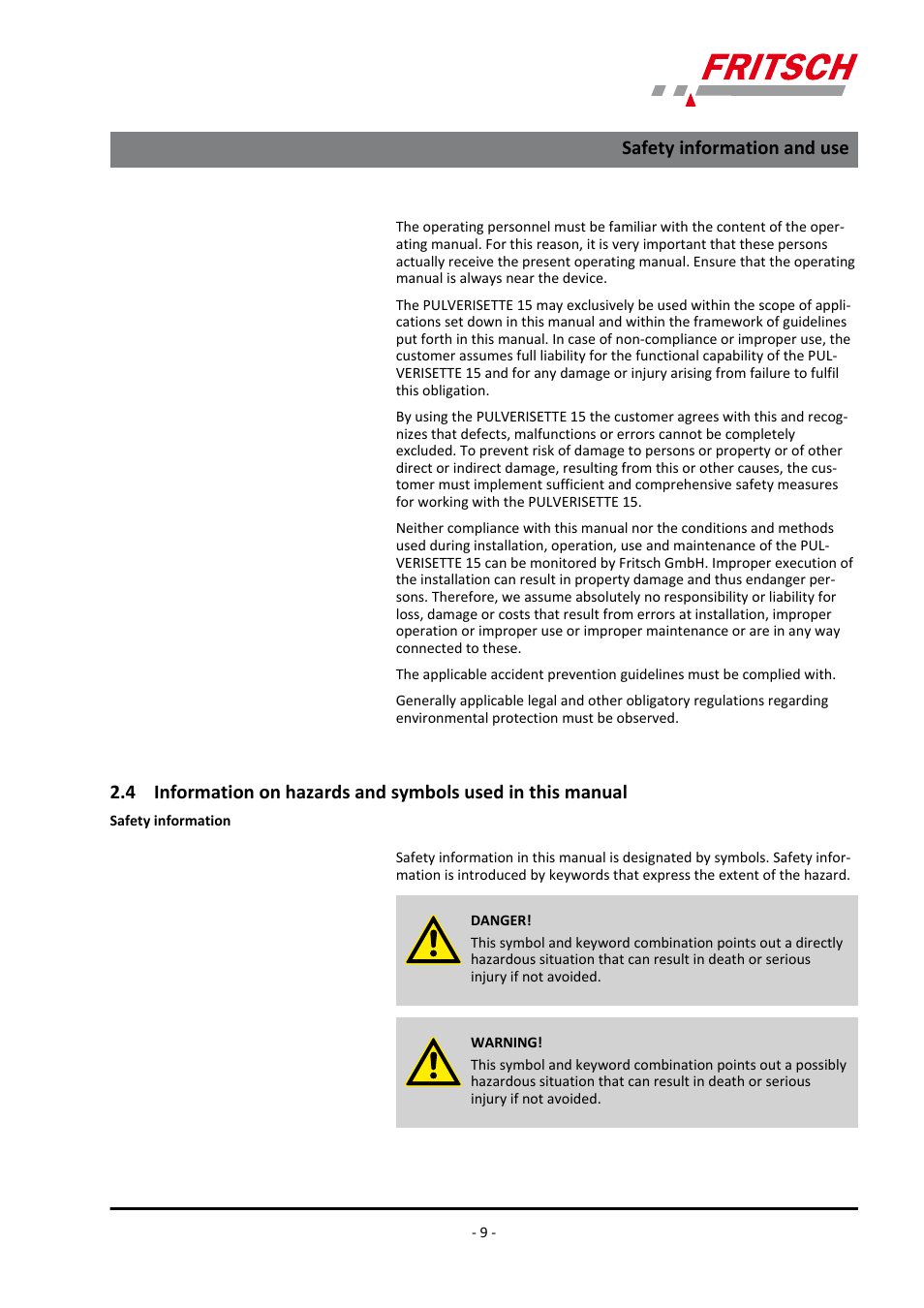 Safety information and use | FRITSCH PULVERISETTE 15 User Manual | Page 9 / 44