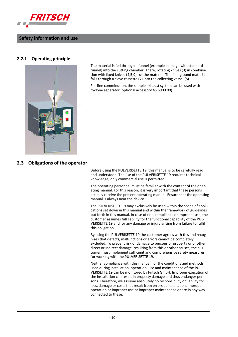 1 operating principle, 3 obligations of the operator, Safety information and use | FRITSCH PULVERISETTE 19 User Manual | Page 10 / 62