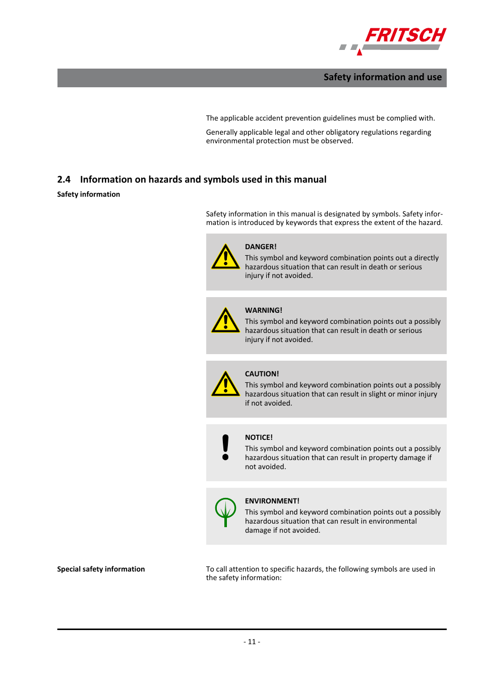 Safety information and use | FRITSCH PULVERISETTE 19 User Manual | Page 11 / 62