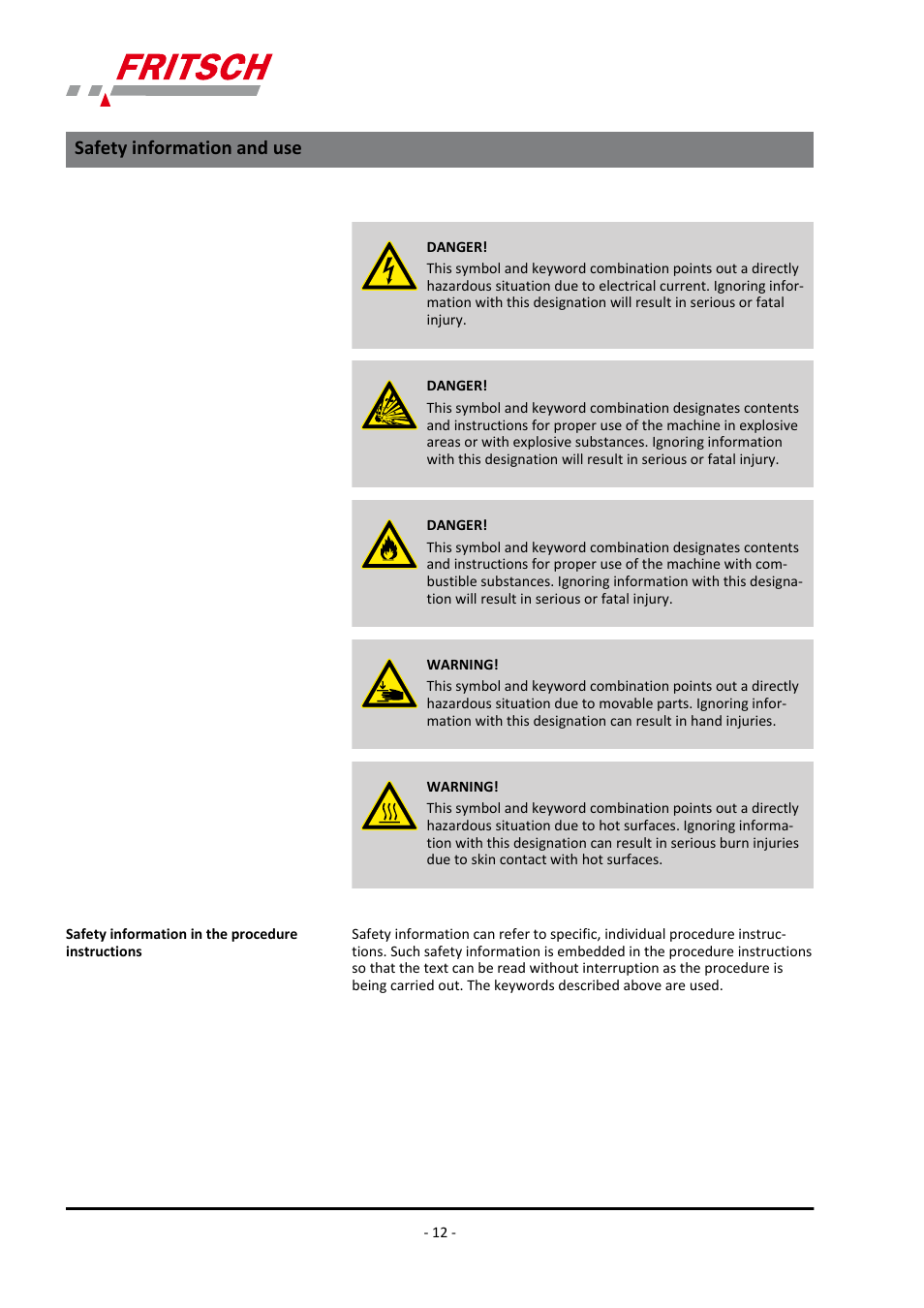 Safety information and use | FRITSCH PULVERISETTE 19 User Manual | Page 12 / 62
