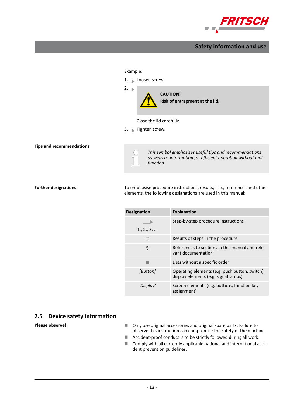 5 device safety information, Safety information and use | FRITSCH PULVERISETTE 19 User Manual | Page 13 / 62