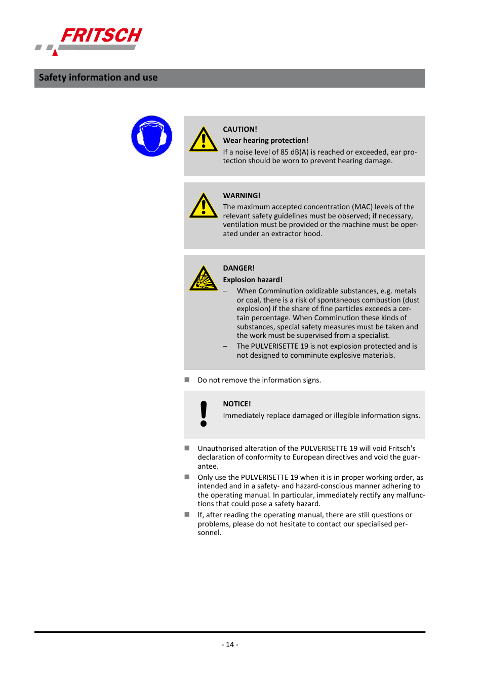 Safety information and use | FRITSCH PULVERISETTE 19 User Manual | Page 14 / 62