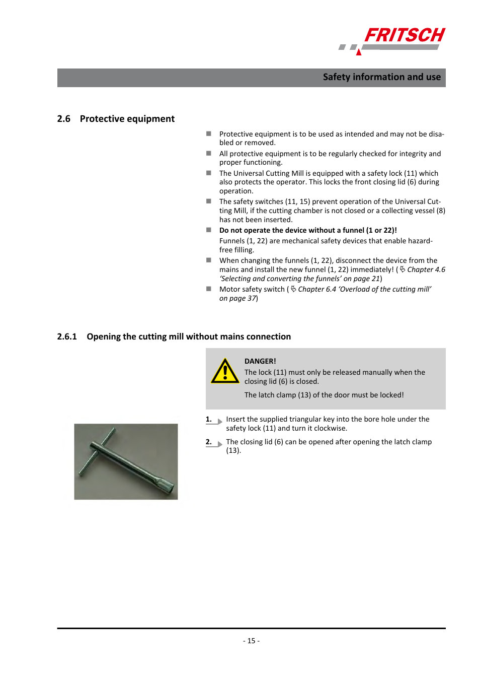 6 protective equipment, Safety information and use | FRITSCH PULVERISETTE 19 User Manual | Page 15 / 62