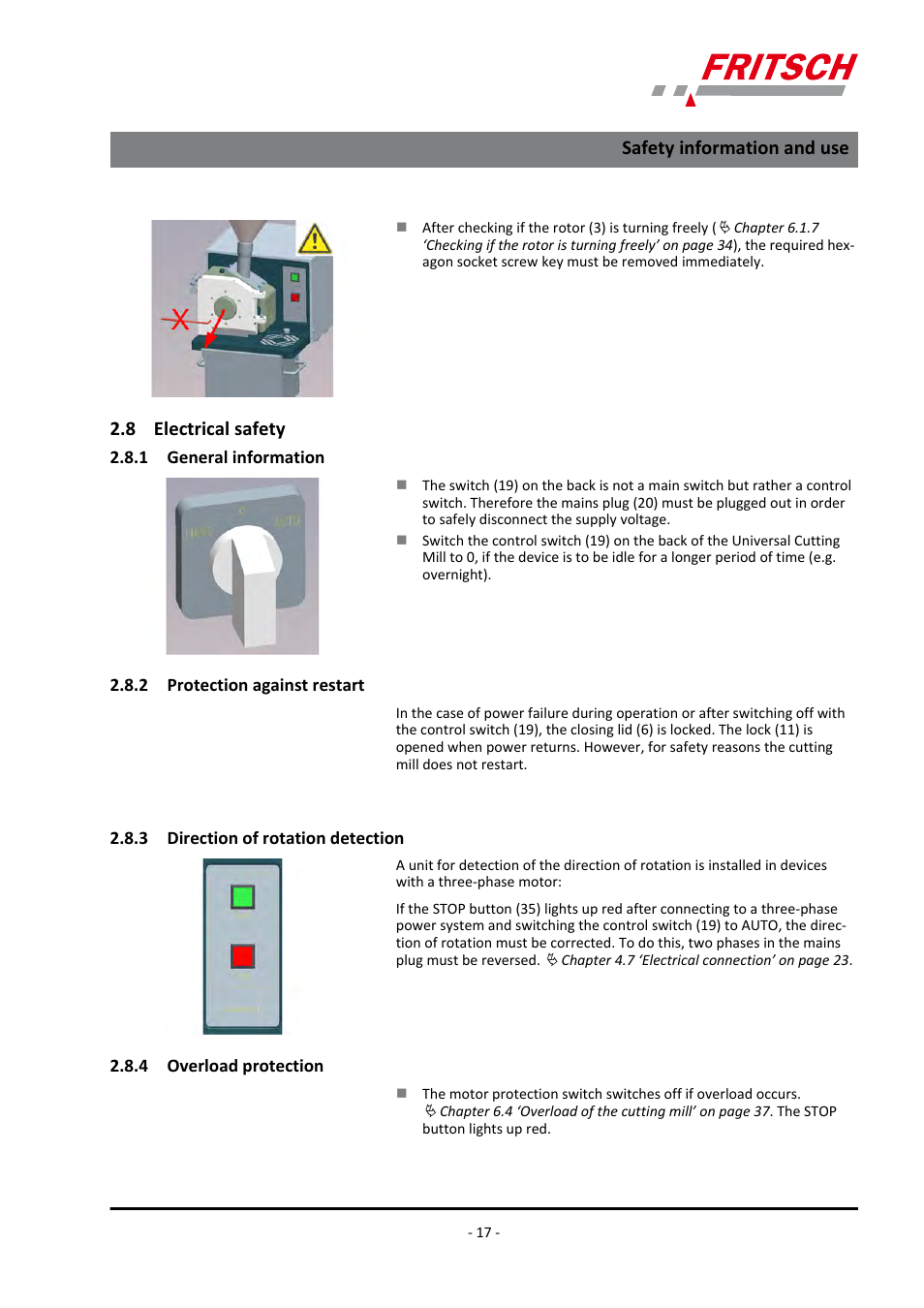 8 electrical safety, 1 general information, 2 protection against restart | 3 direction of rotation detection, 4 overload protection, Safety information and use | FRITSCH PULVERISETTE 19 User Manual | Page 17 / 62