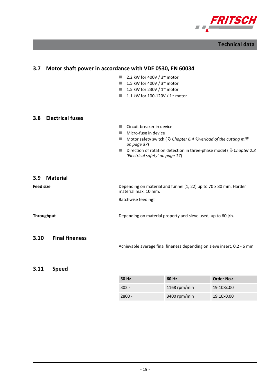 8 electrical fuses, 9 material, 10 final fineness | 11 speed, Technical data | FRITSCH PULVERISETTE 19 User Manual | Page 19 / 62