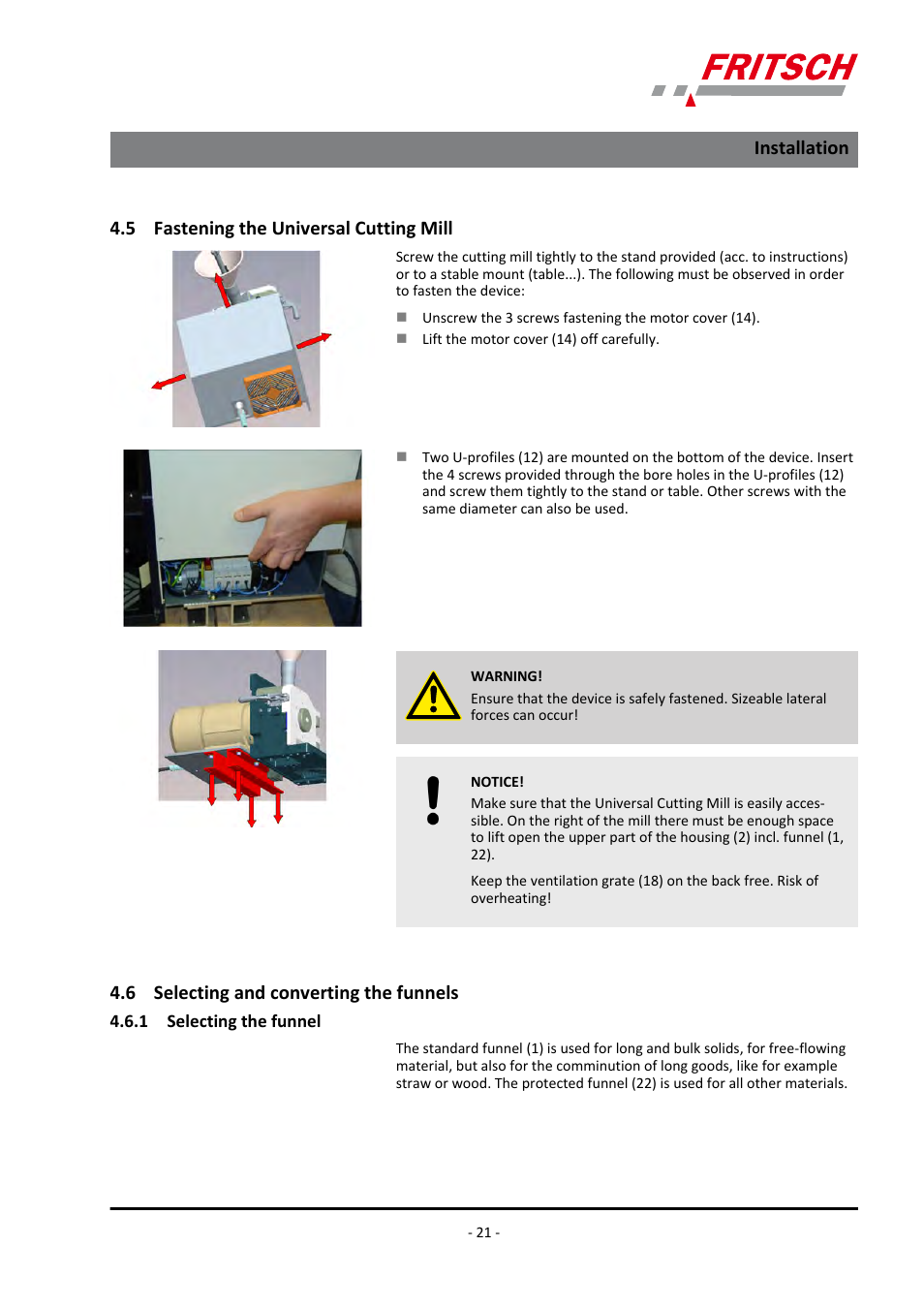 5 fastening the universal cutting mill, 6 selecting and converting the funnels, 1 selecting the funnel | Installation | FRITSCH PULVERISETTE 19 User Manual | Page 21 / 62