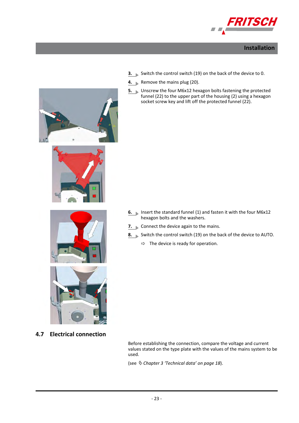 7 electrical connection, Installation | FRITSCH PULVERISETTE 19 User Manual | Page 23 / 62