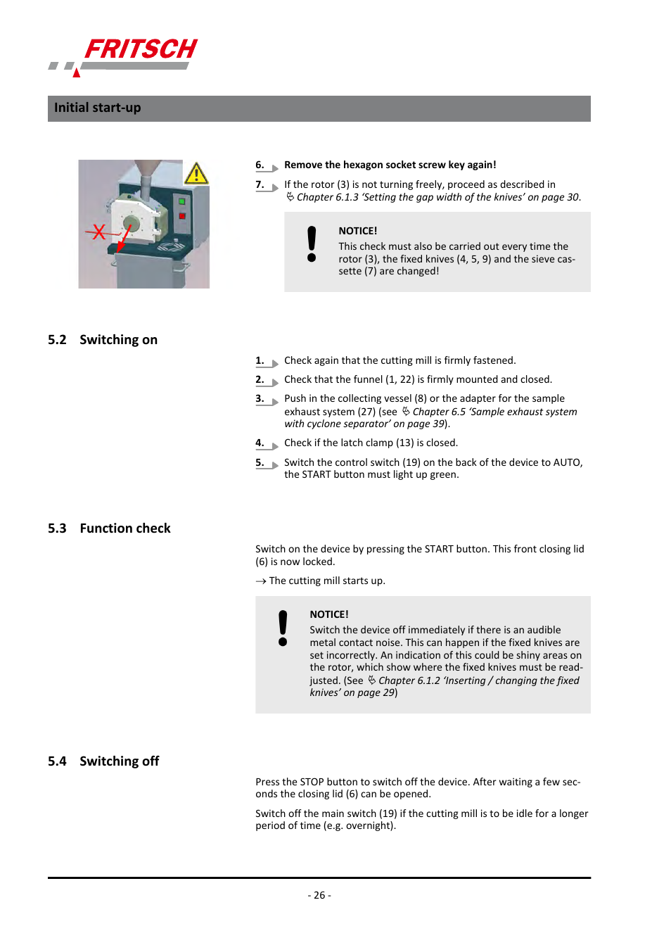 2 switching on, 3 function check, 4 switching off | Initial start-up | FRITSCH PULVERISETTE 19 User Manual | Page 26 / 62