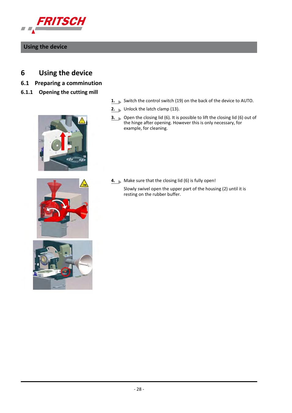 6 using the device, 1 preparing a comminution, 1 opening the cutting mill | 6using the device | FRITSCH PULVERISETTE 19 User Manual | Page 28 / 62