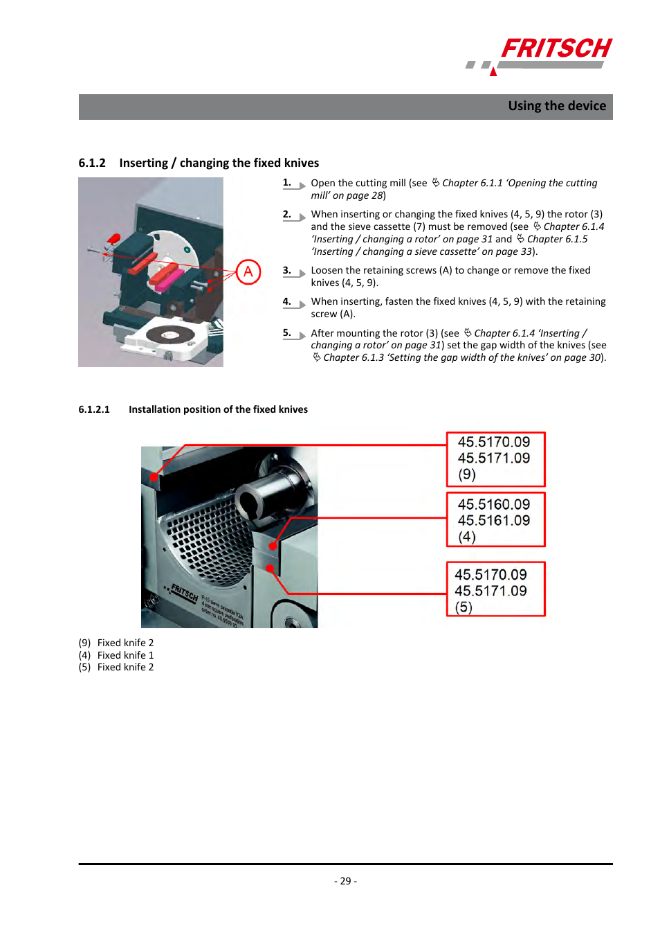 2 inserting / changing the fixed knives, 1 installation position of the fixed knives, Ä chapter 6.1.2 ‘inserting / changing the fixed | Using the device | FRITSCH PULVERISETTE 19 User Manual | Page 29 / 62