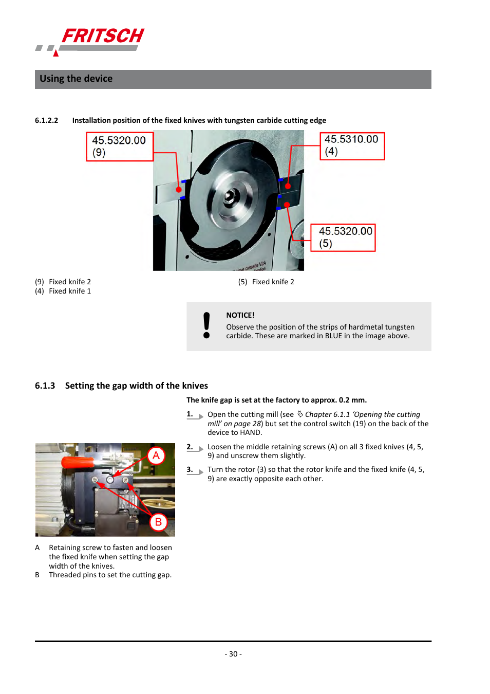 3 setting the gap width of the knives, Carbide cutting edge, Using the device | FRITSCH PULVERISETTE 19 User Manual | Page 30 / 62