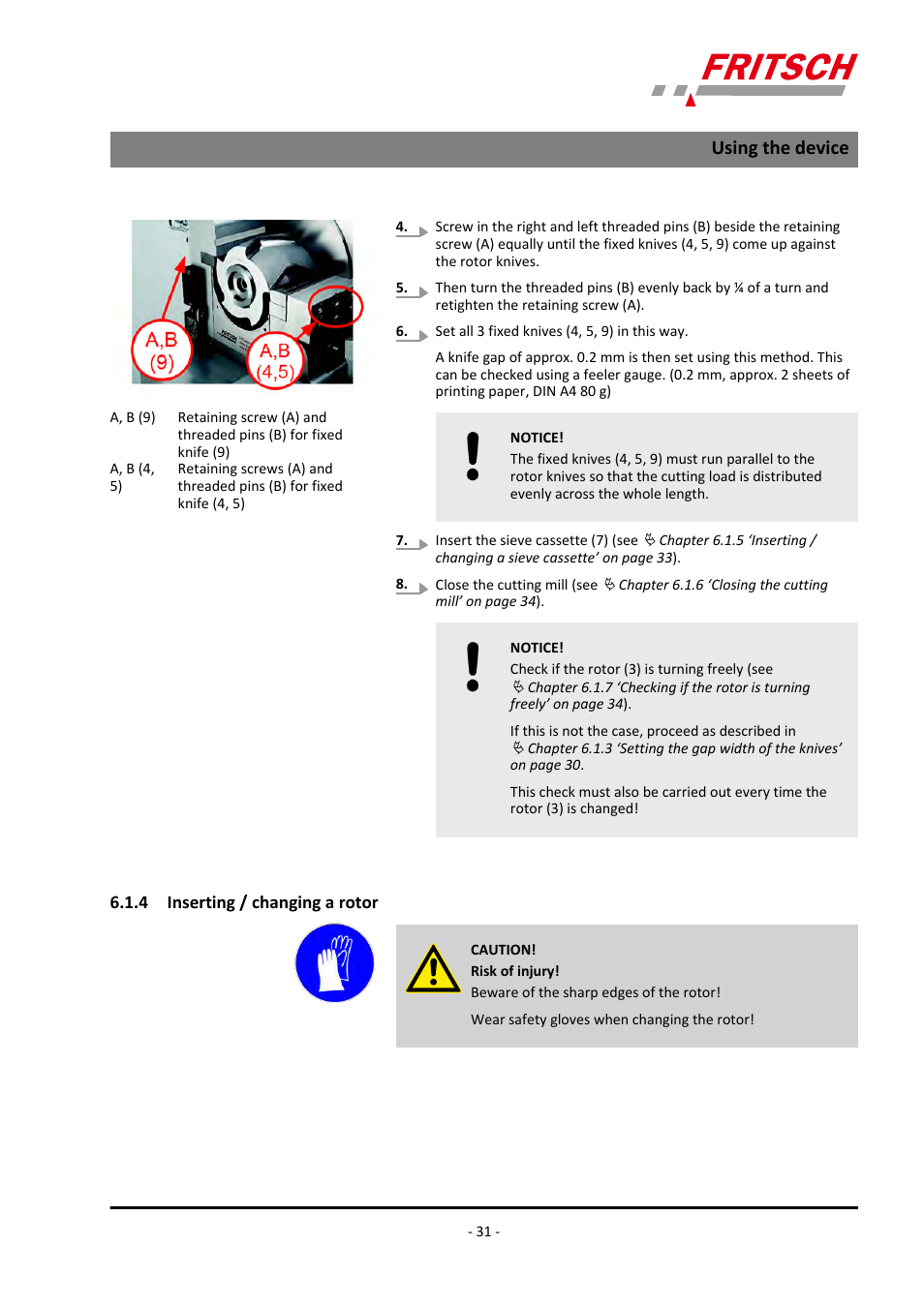 4 inserting / changing a rotor, Using the device | FRITSCH PULVERISETTE 19 User Manual | Page 31 / 62