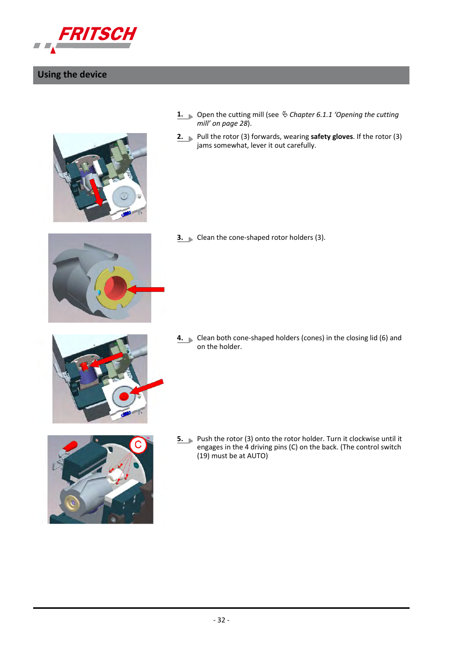 Using the device | FRITSCH PULVERISETTE 19 User Manual | Page 32 / 62