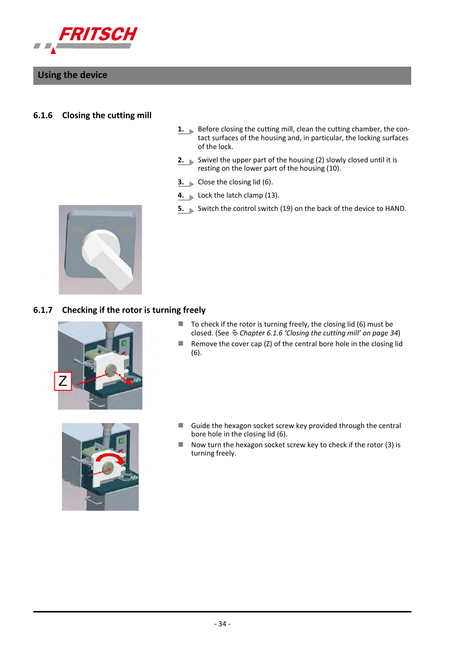 6 closing the cutting mill, 7 checking if the rotor is turning freely, Chapter 6.1.7 ‘checking if the rotor is turning | Using the device | FRITSCH PULVERISETTE 19 User Manual | Page 34 / 62