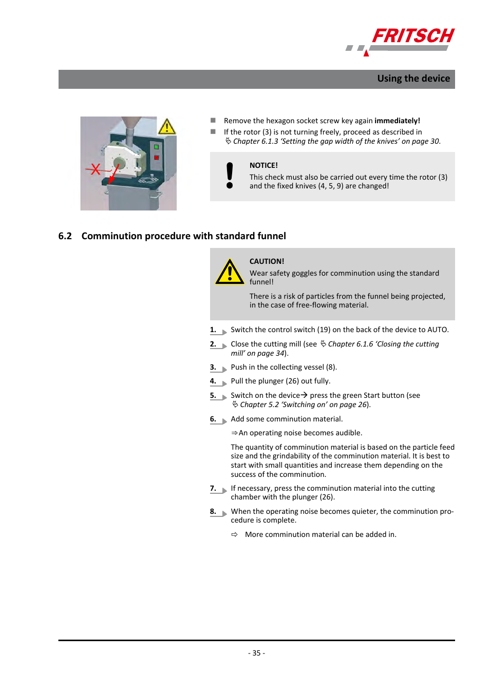 2 comminution procedure with standard funnel, Using the device | FRITSCH PULVERISETTE 19 User Manual | Page 35 / 62