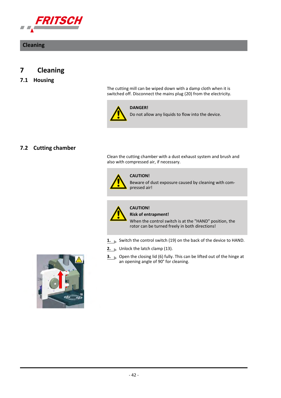 7 cleaning, 1 housing, 2 cutting chamber | Cleaning 7.1 housing 7.2 cutting chamber, 7cleaning | FRITSCH PULVERISETTE 19 User Manual | Page 42 / 62