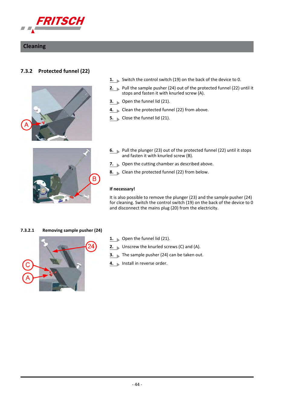 2 protected funnel (22), 1 removing sample pusher (24), Cleaning | FRITSCH PULVERISETTE 19 User Manual | Page 44 / 62