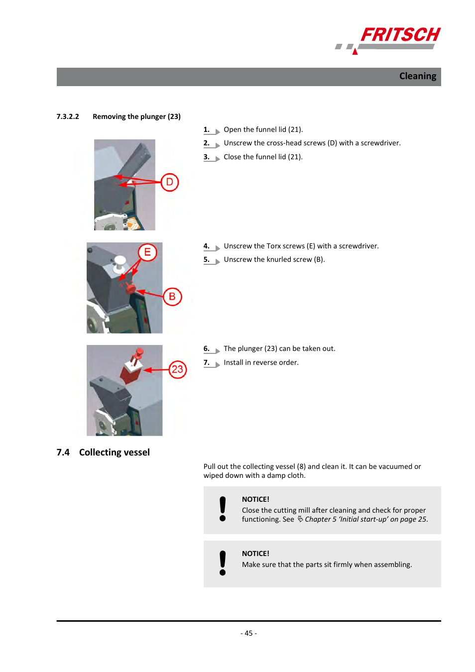 2 removing the plunger (23), 4 collecting vessel, 2 removing the plunger (23) 7.4 collecting vessel | Cleaning | FRITSCH PULVERISETTE 19 User Manual | Page 45 / 62