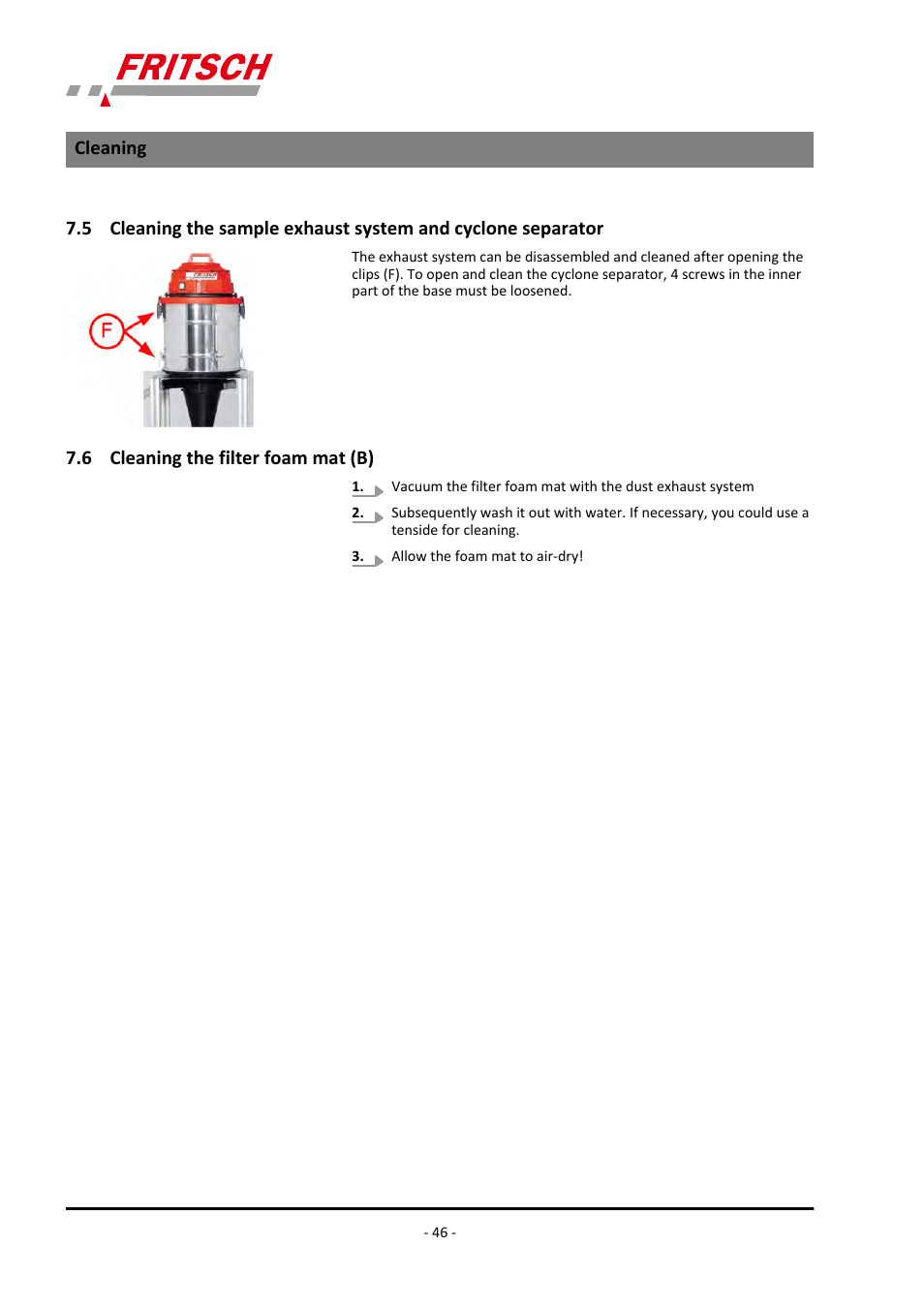 6 cleaning the filter foam mat (b), Rator, Cleaning | FRITSCH PULVERISETTE 19 User Manual | Page 46 / 62