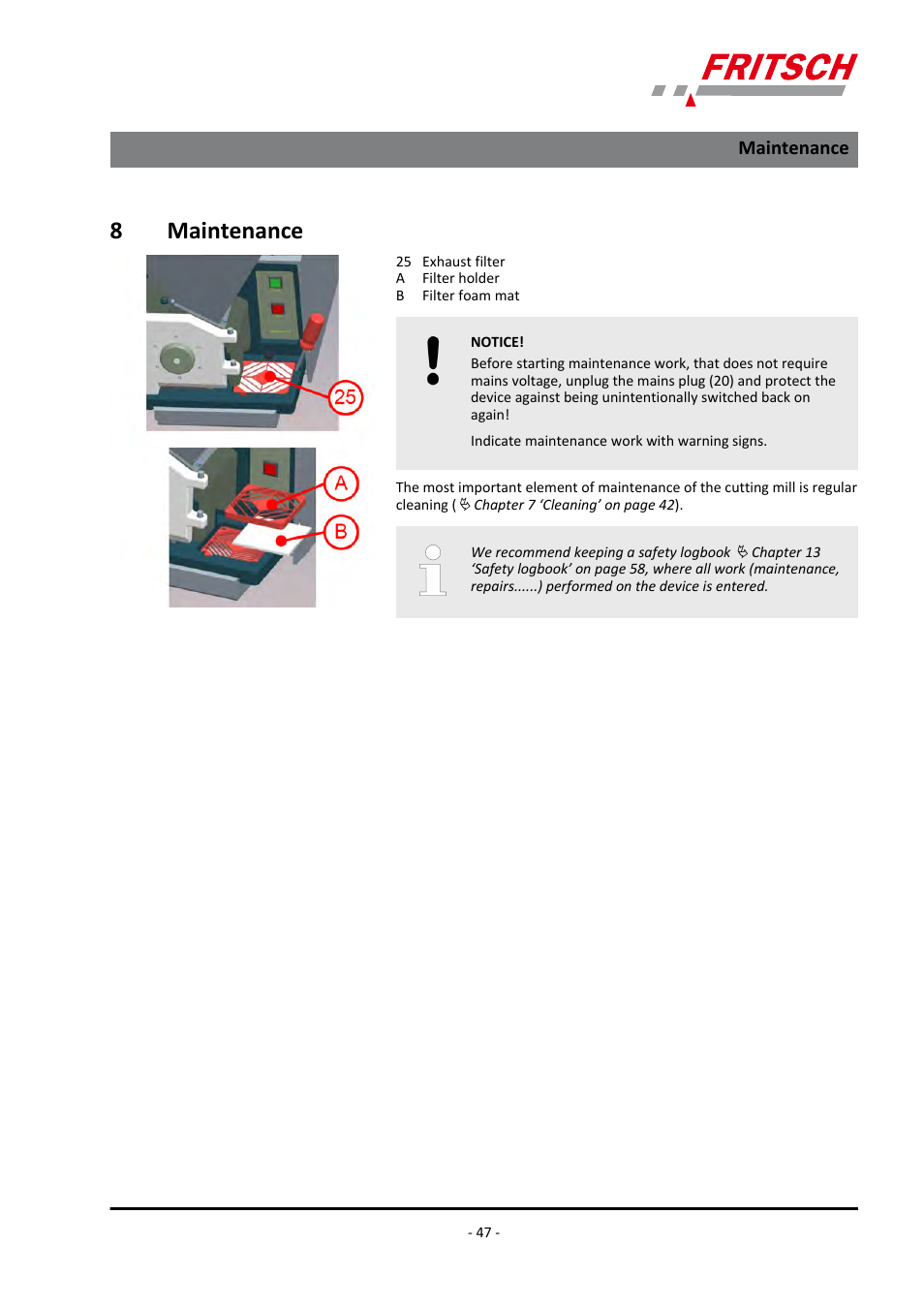 8 maintenance, Maintenance, 8maintenance | FRITSCH PULVERISETTE 19 User Manual | Page 47 / 62