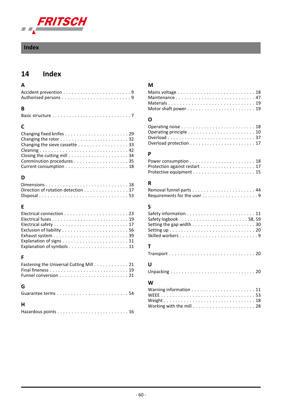 14 index, Index | FRITSCH PULVERISETTE 19 User Manual | Page 60 / 62