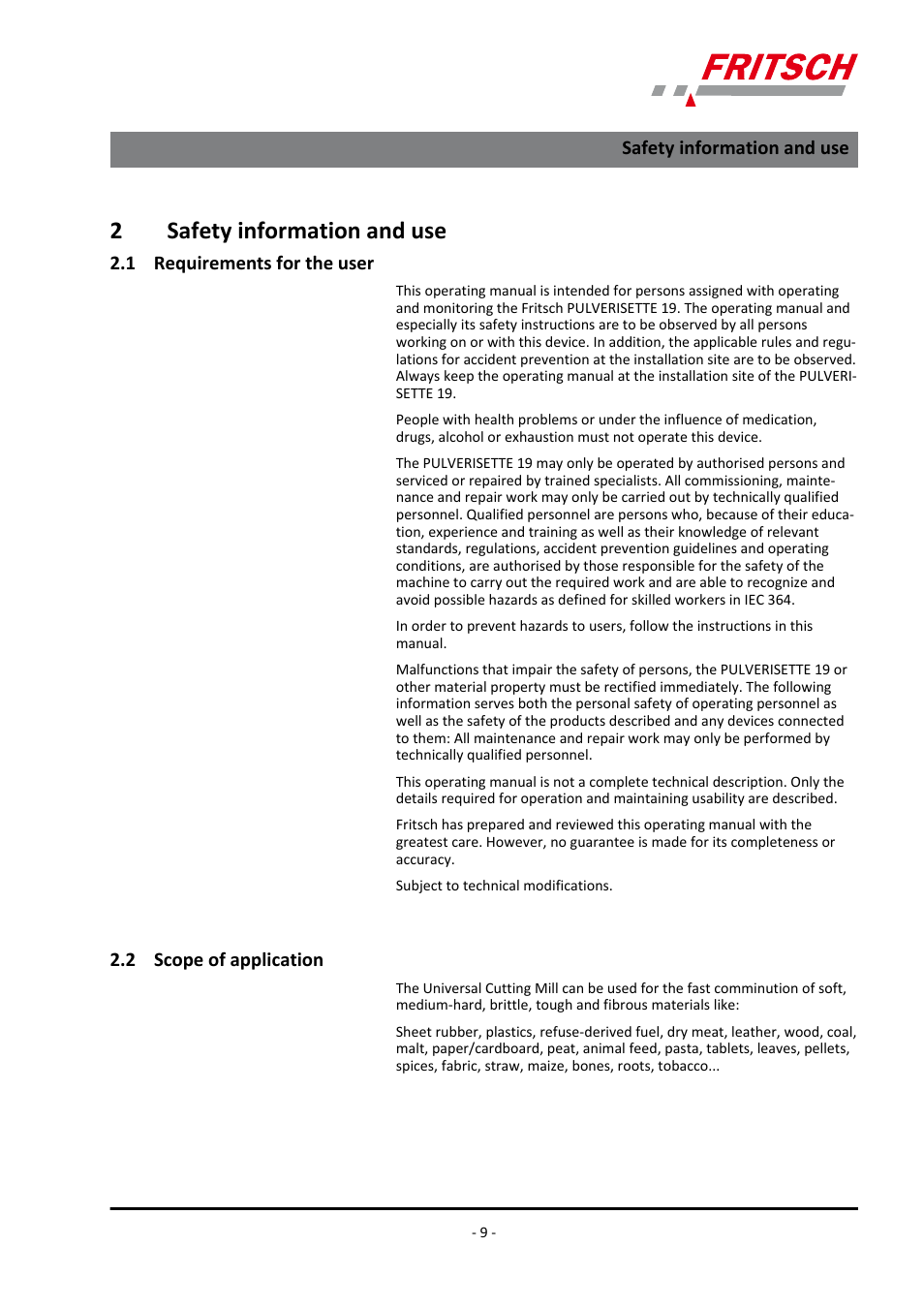 2 safety information and use, 1 requirements for the user, 2 scope of application | 2safety information and use | FRITSCH PULVERISETTE 19 User Manual | Page 9 / 62