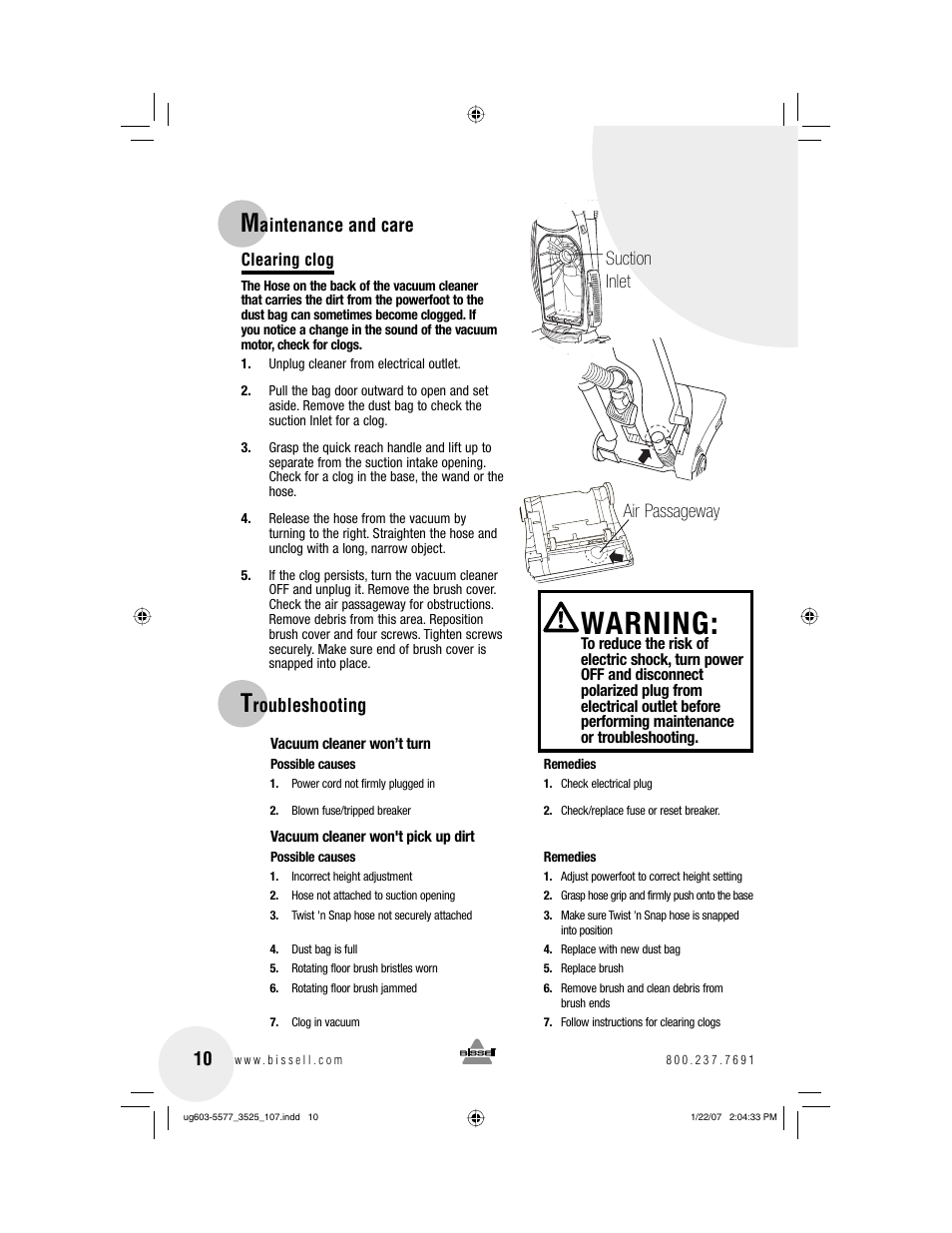 Warning, Aintenance and care suction inlet air passageway, Roubleshooting | Bissell PowerForce 3525 series User Manual | Page 10 / 12