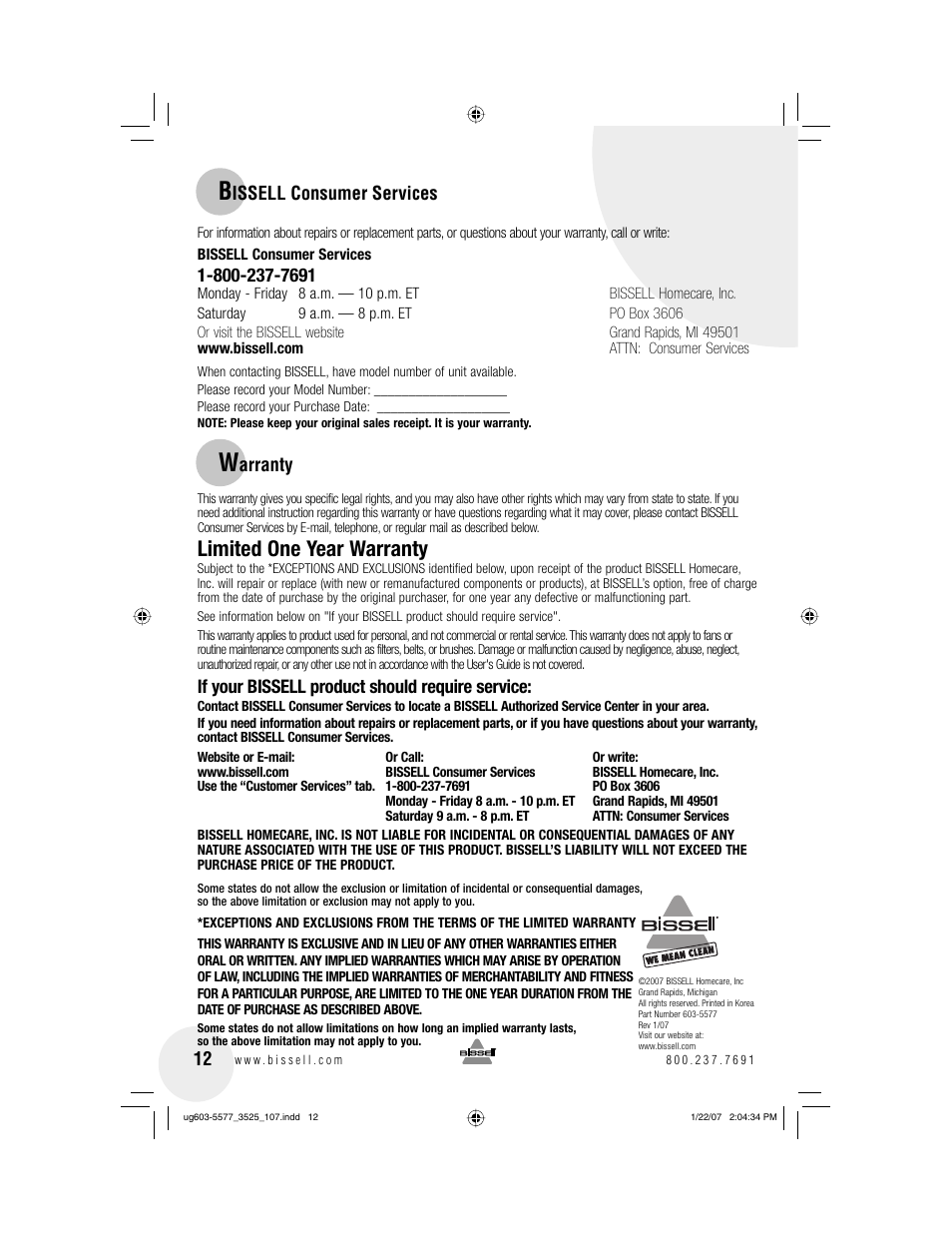 Limited one year warranty | Bissell PowerForce 3525 series User Manual | Page 12 / 12