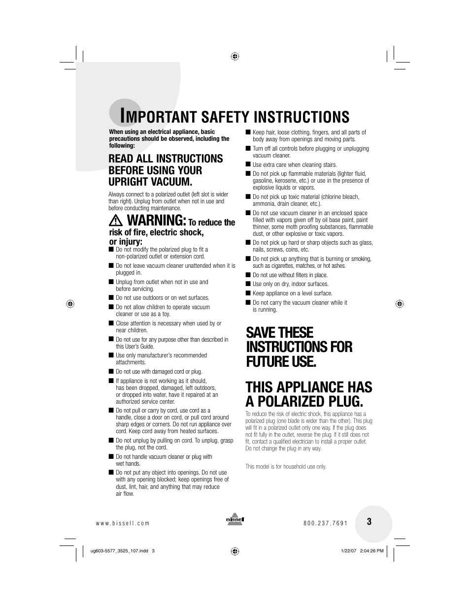 Mportant safety instructions, Warning | Bissell PowerForce 3525 series User Manual | Page 3 / 12